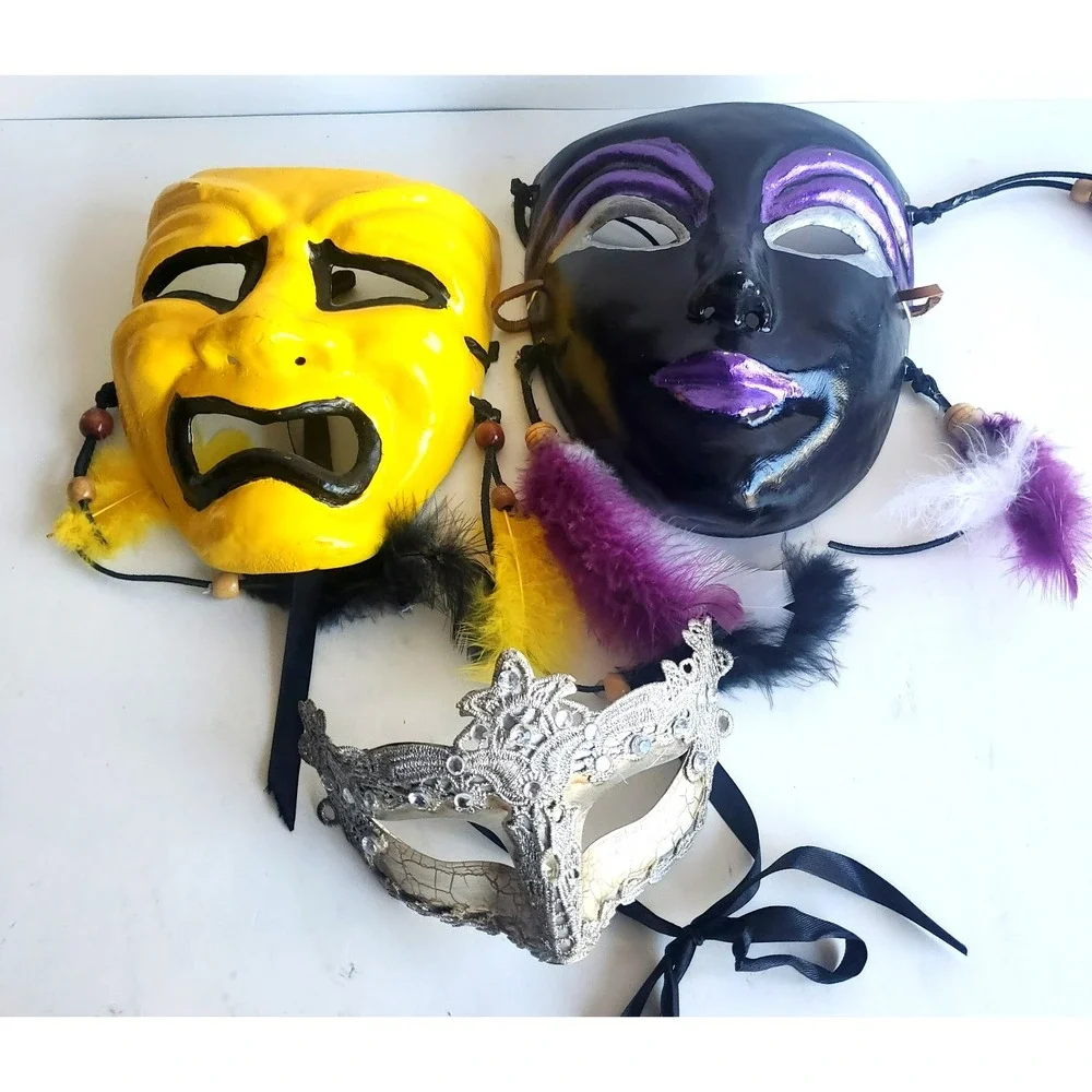 Paper Mache Masquerade Face Mask Lot Of 3 Mardi Gras Eclectic Wall Hanging Decor